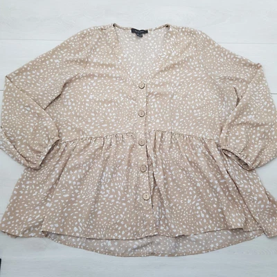 PRIMARK Casual Tunic Top Size 20 Beige Polka Dot Buttoned Long Sleeve Workwear - Image 1 of 4