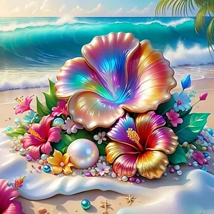 5D Beach Flower Diamond Painting Kits for Adults Beginners, DIY Beach Diamond Ar - Picture 1 of 7