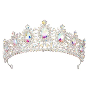 AW BRIDAL Royal Queen Crown Aurora Borealis Rhinestones Wedding Tiara Prom Party - Picture 1 of 7