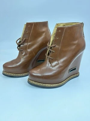 Jil Sander Ankle Boots Brown Leather Chunky Wedge Booties Italy EU 37 US 6 - Image 1 of 4