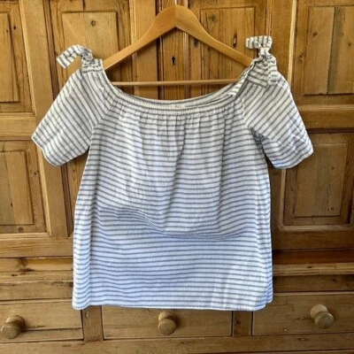 Сопрано средний синий белый в полоску холодные плечи с плеча блузка - Изображение 1 из 4