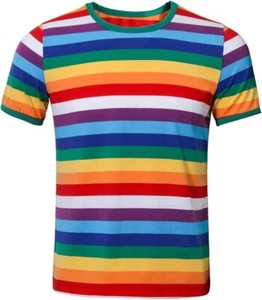 Unisex Rainbow cotton Medium T Shirt Striped Crew Neck Short Sleeve Stripes - Picture 1 of 4