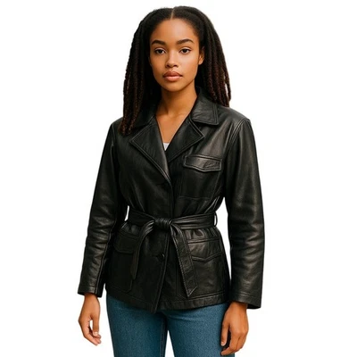 Vintage Tannery West Womens Black Leather Jacket Belted Moto Style Size Medium - Image 1 of 4