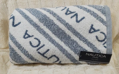 New Nautica Windward 100% Cotton Bath Towel White Blue Stripes and Logo Shower - Image 1 of 4