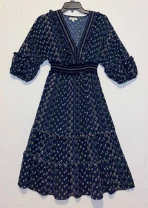 Max Studio Größe M dunkelblau Blumen V-Ausschnitt gesmokt Wasit Puffärmel Kleid  - Bild 1 von 11