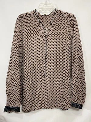Kenar Blouse XL Brown Black  Print Faux Leather Trim Button Down Career - Image 1 of 4