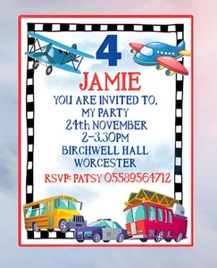PERSONALISED VEHICLE  PARTY INVITATIONS BIRTHDAY PARTY INVITES - Picture 1 of 3
