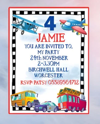 PERSONALISED VEHICLE  PARTY INVITATIONS BIRTHDAY PARTY INVITES - Image 1 of 3