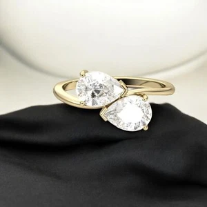 GIA Certified 1 Carat F/VS1 Two-Stone Pear Cut Diamonds Solitaire Ring 18K Gold - Picture 1 of 6