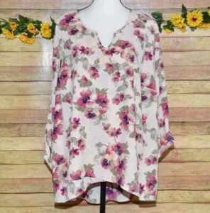 Krazy Kat Chiffon Pink Floral Blouse Roll Tab Sleeve Plus 3X Causal Night Out - Picture 1 of 11