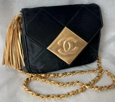 RARE! VTG CHANEL TASSEL CAMERA BLACK QUILTED NYLON SHOULDER BAG - Image 1 of 4