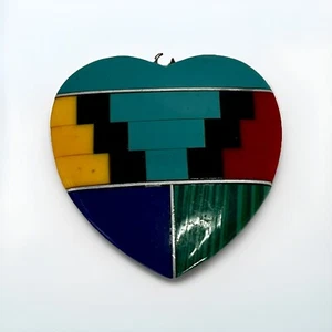 Native American Sterling Silver Multi Gemstone Inlay HEART PENDANT Vintage 925 - Picture 1 of 8