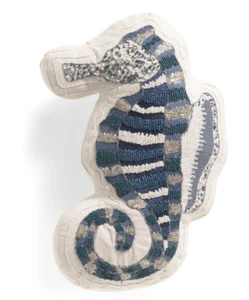 Coastal Collection Beaded Seahorse Shape Pillow Blue Embroidered Beach Ocean 16" - Picture 1 of 13
