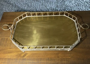 Grande vassoio vintage in ottone stile bambù corda intrecciata piedi 29,5" OAL - Foto 1 di 14