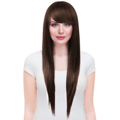 Peluca larga negra recta resistente al calor Full Bangs pelucas sintéticas para mujer Foto 1 de 3