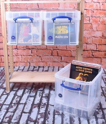 REALLY USEFUL BOX Caja de discos de almacenamiento de vinilo LP 35 litros XL paquete de 3 asas de bloqueo transparentes