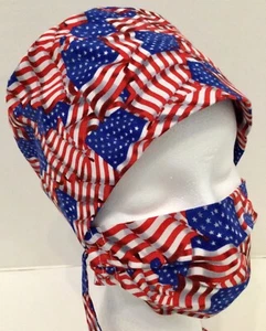 Patriotic Print Large Lined Medical Skull Scrub Cap Surgery Hat Mask Set Dental - Picture 1 of 4