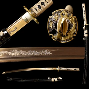 Gold Katana 1095 Carbon Steel Battle Ready Japenese Samurai Sharp Fulltang Sword - Picture 1 of 9