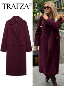 Women Fashion Burgundy Woolen Coat Double Breasted Long Sleeve Lapel Blends Jac - Picture 1 of 7