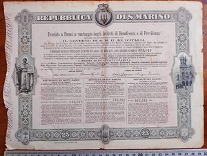 OBBLIGAZIONE 25 LIRE PRESTITO A PREMI REPUBBLICA DI SAN MARINO 1907 BANCA GENOVA - Picture 1 of 5