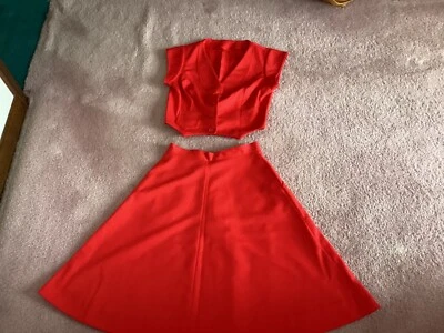Vtg 70s Double Knit Polyester Vest & Skirt Set Red Handmade - Image 1 of 4