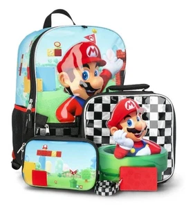 Super Mario Brothers 4 Piece Backpack Set Lunch Bag, Gadget Bag, Lanyard 17” NEW - Picture 1 of 14