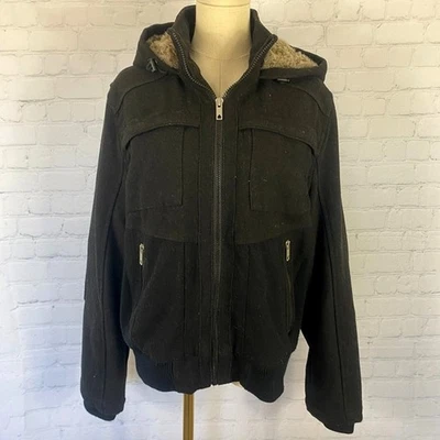 复古 Y2K International Concepts 小号黑色全拉链毛皮衬里连帽外套 — 第 1/4 张图片