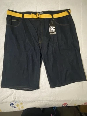 Bermuda jeans masculina Enyce 52 vintage Y2K folgada hip hop azul nova com etiquetas cinto amarelo - Imagem 1 de 4