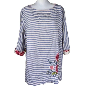 J.Jill Love Linen Floral Embroidered Tunic 2X Blue Stripe Nautical Relaxed Beach - Picture 1 of 10