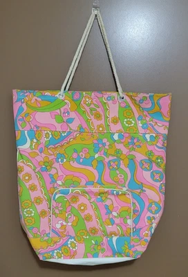Vintage 70s Beach Tote Bag Psychedelic Flowers Hippie Vinyl Lined Floral Retro - Image 1 of 4
