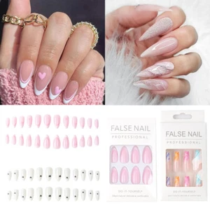 24 Pcs Women Ballerina Fake Nail Press On Long False French Manicure Full Cover - Picture 1 of 19