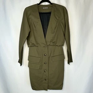 Vintage Zaiko Muraoka Wool Dress Women's Button Front Pockets Military Green 6/8 - Picture 1 of 7