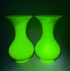 19c. Antike französische Portieux gelbe Opal Vaseline Uranglas Vase Paar 11" - Bild 1 von 12