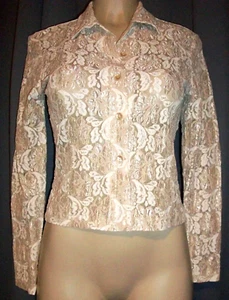 Vtg Cafe Nylon Rayon Long Sleeve Lace Button Shirt Top M - Picture 1 of 4