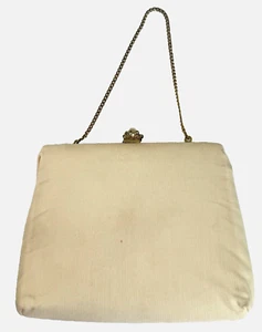 linen vintage purse kisslock pearl gold tone chain project sewing art boho - Picture 1 of 15