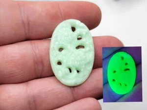 Vintage Czech Uranium Glass Cabochon 34x23 Mint Green Floral Pressed Glass C2