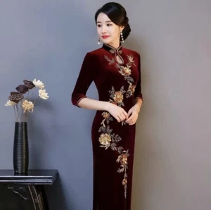 New Velvet Red Burgundy Traditional Chinese Dress Sequin Cheongsam Qipao Wedding - Picture 1 of 4
