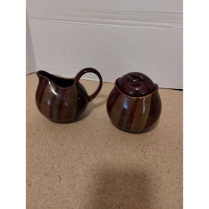 Sango Avanti Brown 4722 Creamer with Handle and Sugar Jar with Lid - Picture 1 of 8