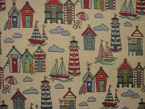Tapestry Beach Huts Nautical Fabric Curtain Upholstery Cushion Craft Bag Making - Picture 1 of 19