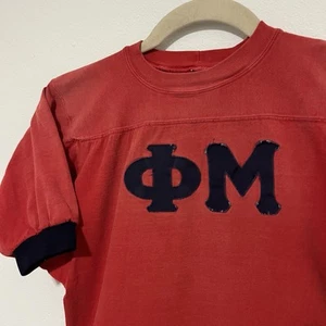 Vintage 60s PHI MU Fraternity T-shirt Jersey Faded Red Patches Bucks Athletic - Picture 1 of 8
