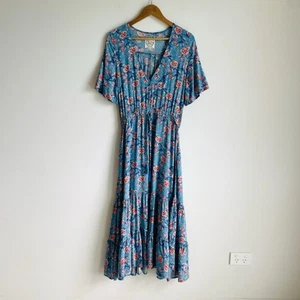 Sunday Mi Amor Dress Size Medium Anthropologie Rayon Floral Maxi Flutter Blue - Picture 1 of 8