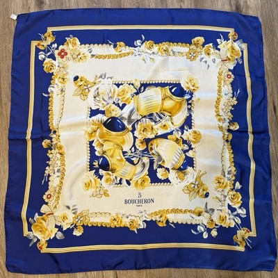 Boucheron Silk Square Scarf Blue Gold Jewelry Italy Luxury 33x34 Vintage  - Image 1 of 4