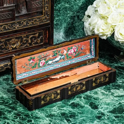 Increíble caja de abanico chino antiguo pintado a mano de laca de exportación chinoiserie Foto 1 de 4