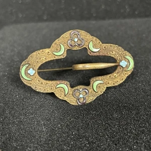 Victorian enamel sash brooch buckle Nouveau crescent moon motif 2x3 inch antique - Picture 1 of 11