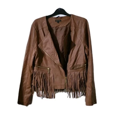 Brave Soul Brown Faux Leather Fringe Jacket Size L 14 UK 42  Western Biker - Image 1 of 4