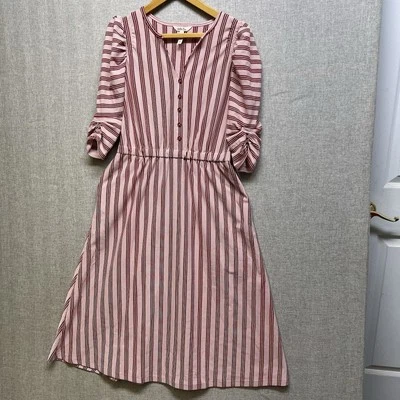 Matilda Jane Women’s Small Red Pink Stripe Dress Midi Puff Sleeve Stretch Knit - Image 1 of 4