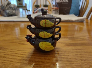 Vintage Red Ware Pottery Stacked Chickens Salt and Pepper shakers and Mustard - Picture 1 of 5