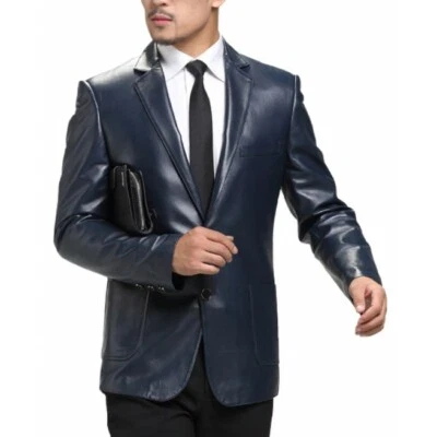 Men's Blazer Leather Genuine Lambskin Blue Slim Blazer Lapel Two Buttoned - Image 1 of 3