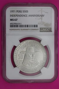 Pop 6 Only 1 Finer 1971 MS 67 Peru 50 Soles Silver Coin NGC Certified Graded 217 - Picture 1 of 3