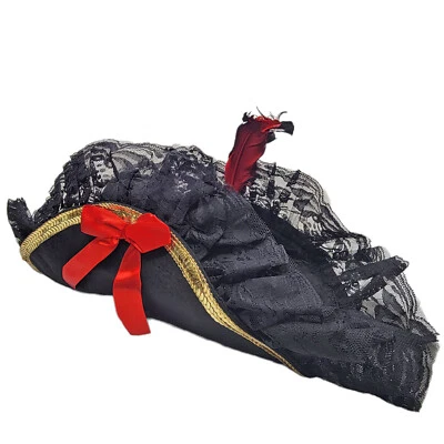 Pirate Hat Lace Trim Sequin Feather Red Bow Buccaneer Bicorn Costume 9147H - Image 1 of 4